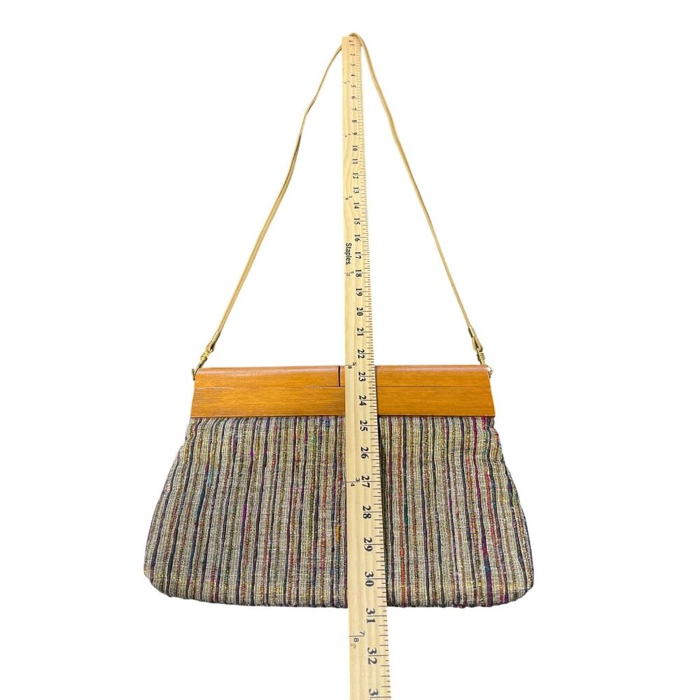 Saddle River Vintage Wooden Frame Multicolor Fabric Bag 80s Detachable Strap - Picture 5 of 6